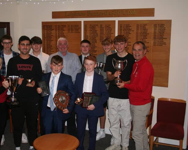Junior Leighton golfers pictured at their prize presentation evening (left to right): Ladies Captain Oonagh Russell presents Theo Aurora with the Junior championship trophy; (back) George Wooster and George Stephenson with junior organiser Adrian Stephenson, Max Brunker and Henry Wooster; (front) Sam Harris and Josh Thorne and (right) Club Vice Captain Tim Mitchell presenting Edward Fenwick with the Kingston Cup won with team mates George Stephenson, George and Henry Wooster, Sommer Chan and Josh Thorne.  Other winners included Charlie Baines, and Alex and Olivia Olleson.