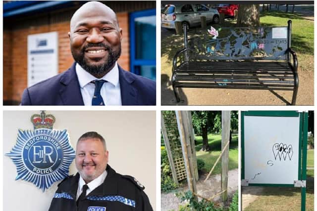 Clockwise from top left: PCC Festus Akinbusoye (Credit: PCC); Wally Randall's memorial bench after it was vandalised for the first time (Credit: Leia Blakesley); Recent vandalism at Linslade Community Garden (Credit: Friends of Leighton-Linslade in Bloom Gardening Group); Bedfordshire Chief Constable Garry Forsyth (Credit: Bedfordshire Police).