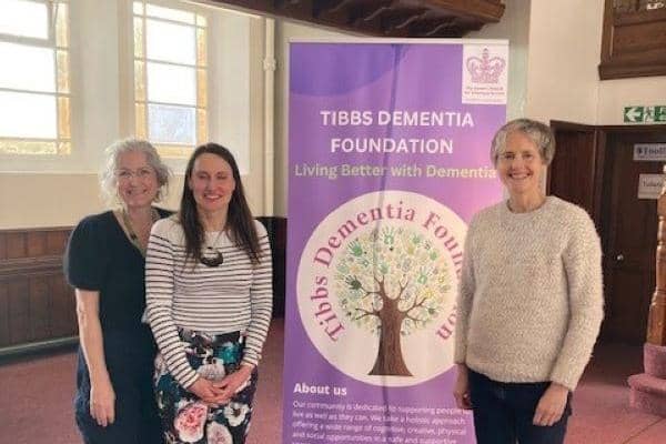 Dementia Information Event at Hockliffe Street Baptist Church. Sarah Russell (CEO) and Louise Evans (Leighton-Linslade Community Activist) of Tibbs Dementia Foundation with Anita Olson, Dementia Nurse Specialist, of the Dementia Intensive Support Service.