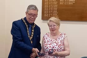 Leighton Buzzard mayor Councillor Kevin Pughe is pictured making the presentations to Jenny Davis