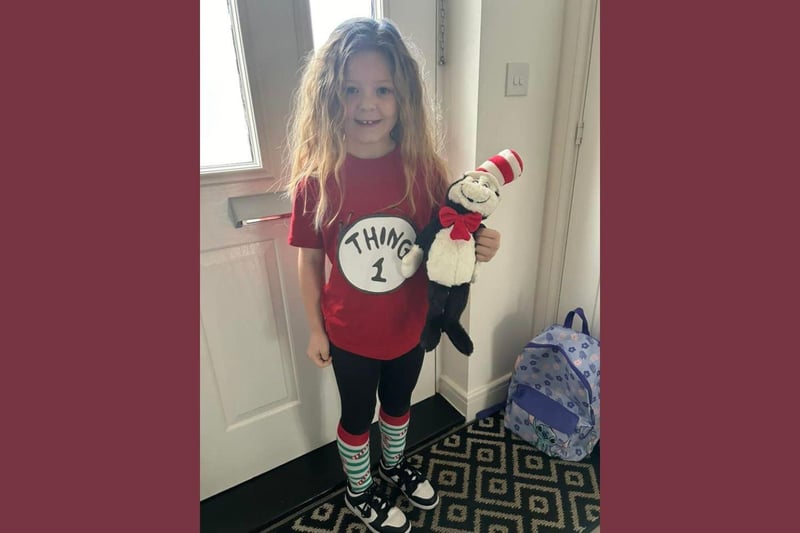 Maisie age 7,  as Thing 1 from Cat in the Hat