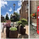 Lamppost containers at the Market Square, and right, telephone box baskets at the Market Square. Images: Rob Croft.