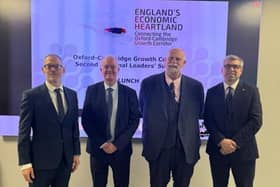 Cllr Mark Arnull (right) Leader of West Northamptonshire Council at the England’s Economic Heartland meeting with (from left) Cllr Adam Zerny, Leader of Central Beds Council, Cllr Martin Griffiths, Leader of North Northamptonshire Council and Cllr Tom Wootton, Leader of Bedford Borough Council.