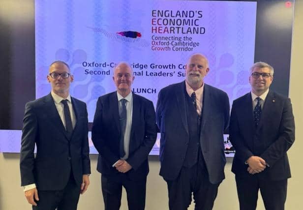 Cllr Mark Arnull (right) Leader of West Northamptonshire Council at the England’s Economic Heartland meeting with (from left) Cllr Adam Zerny, Leader of Central Beds Council, Cllr Martin Griffiths, Leader of North Northamptonshire Council and Cllr Tom Wootton, Leader of Bedford Borough Council.