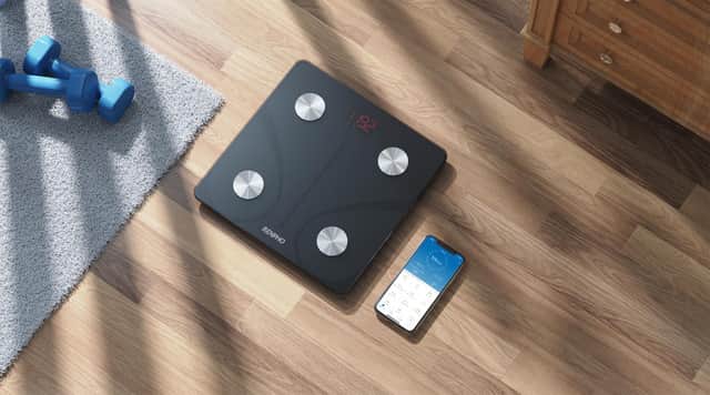 The basic smart body scales can be used with either Apple or Android phones. Image: Renpho