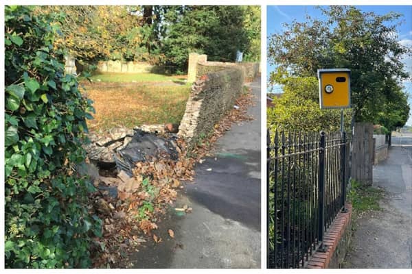 Damage to the church wall (left), and right, Cllr Boyden has even installed a fake speed camera on his property to deter dangerous drivers. Images: Heath and Reach Speed Watch.