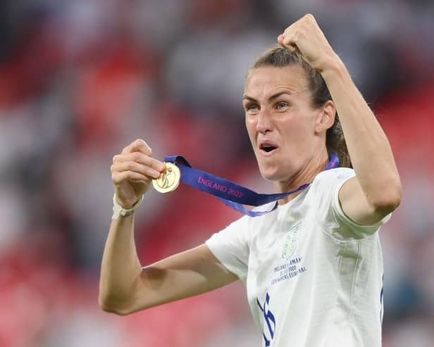 Jill Scott celebrates after England's UEFA Women's Euro 2022 final victory over Germany