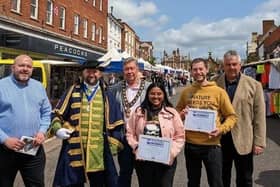 Pictured from left to right: Judge Brendan Dyson (NMTF), Town Crier Chris Morgan, Town Mayor Councillor Pughe, joint winners Roma Shukla and Chad Killoran, Judge David Preston (NABMA)