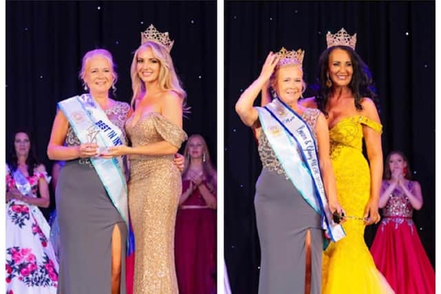 Susan (on the left in both photos) receiving the 'Queen Special Recognition Award' and 'Mrs Crown and Glory UK Queen' title. Images: Ant Bradshaw Photography.