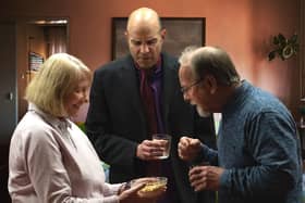 Edna Chapman (played by Jan Delamore), Jim Watt (played by Mark Croft) and Bill McGregor (played by Colin Delamore). Inspecting a bowl of dodgy Wheatipuffs that Edna has rustled up as pre-dinner 'nibbles'.