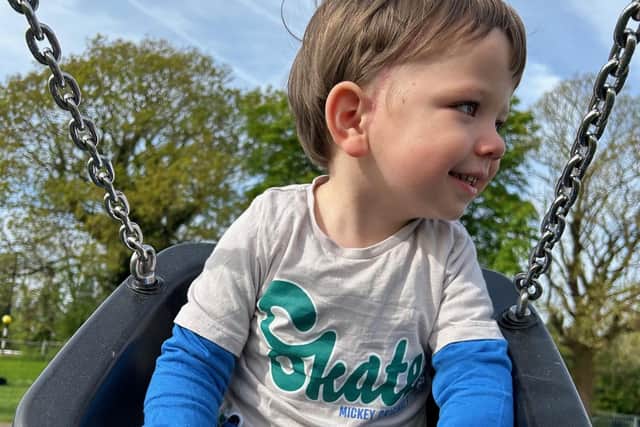 Two-year-old Oakley who is recovering from an operation to remove a non-malignant brain tumour. Mum Jordan is doing a fundraising walk to thank Addenbrooke's Hospital for their fantastic support