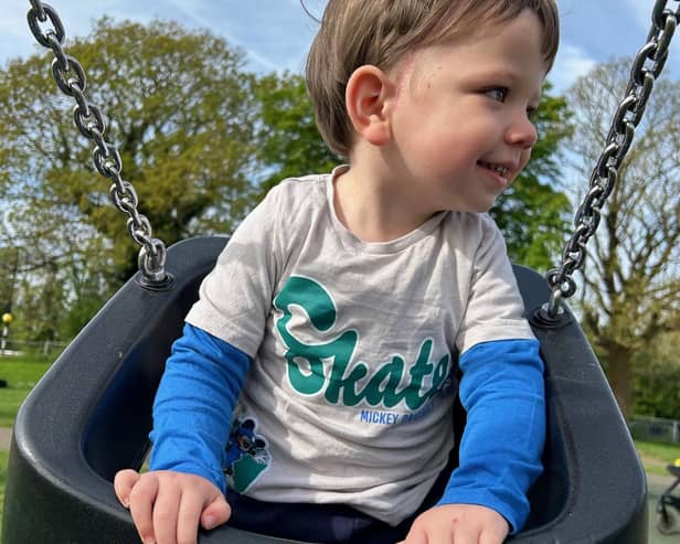 Two-year-old Oakley who is recovering from an operation to remove a non-malignant brain tumour. Mum Jordan is doing a fundraising walk to thank Addenbrooke's Hospital for their fantastic support