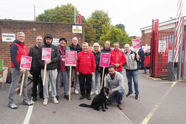 Royal Mail pickets outside the Dunstable depot today (September 30). Photo: Tony Margiocchi