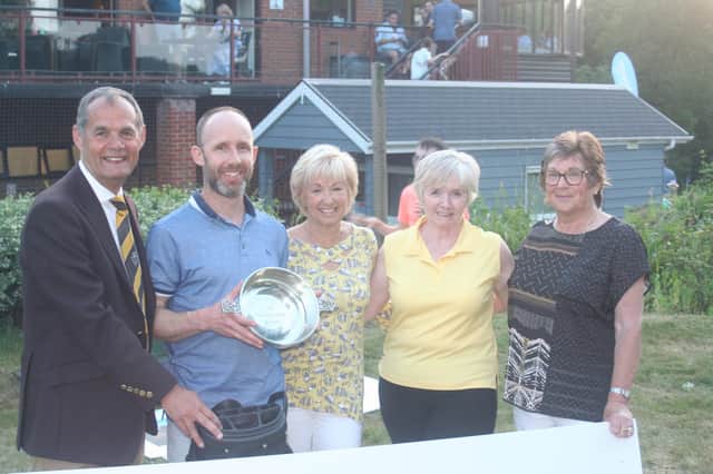 Club captain Tim Mitchell with winner Charlie Thompson;  AnneTilbury and Ladies Captain Oonagh Russell , and Gill McDougal who presented the silver drinking bowl donated in memory if her father, a much respected long time member of the Leighton club.