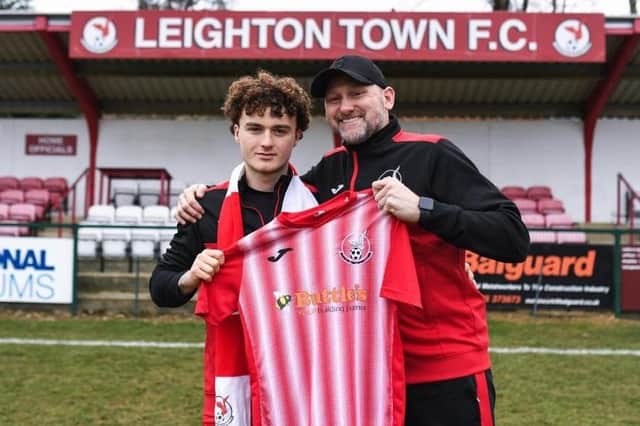 Lee Bircham is pictured before Saturday's game with Ronan Hutchins, who has signed until the end of the season. Photo: Leighton Town FC.