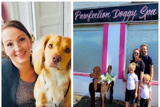 Katie with a pawfectly pampered pooch, and right, outside the business with her family. Image: Katie Brown.