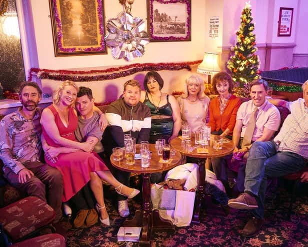 Fulwell 73 produced Gavin and Stacey Christmas Special for the BBC featuring business partner James Corden  (No. n/a) - Picture Shows:  Jason (ROB WILFORT), Stacey (JOANNA PAGE), Gavin (MATTHEW HORNE), Smithy (JAMES CORDEN), Nessa (RUTH JONES), Pam (ALISON STEADMAN), Gwen (MELANIE WALTERS), Bryn (ROB BRYDON), Mick (LARRY LAMB) - (C) GS TV Productions Ltd - Photographer: Tom Jackson.