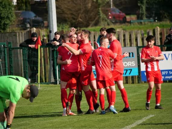 Goal celebrations in last weekend's 2-0 win over Flackwell Heath, new manager Lee Bircham's first game in charge  Picture by Andrew Parker