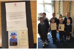 Post arrives from the Queen's Lady in Waiting, and right, Stanbridge Lower School pupils proudly hold the letter. Image: Stanbridge Lower School.