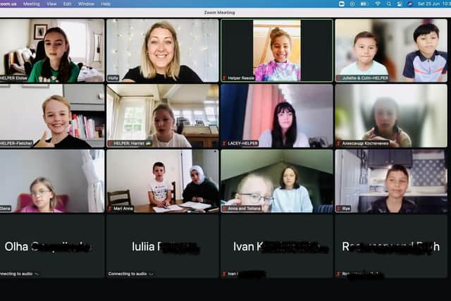 A Zoom session with Ukrainian students and helpers. 'They are a lovely group and I am really enjoying getting to know them,' said Holly (top row, second left). Image: Holly King-Mand.