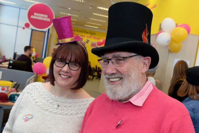 Catrin Ireland with her dad, Keith Evans, at the Brain Tumour Research, Wear a Hat Day launch, 2018, at MK HQ. Photo by Jake McNulty