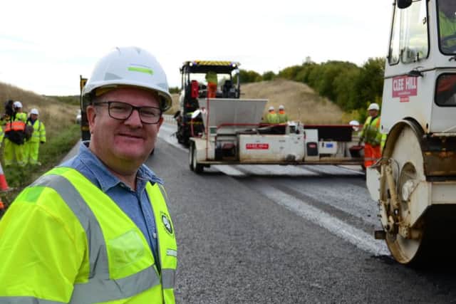 Mark Shaw, visit to surfacing crew, Stoke Hammond bypass. Photo by Buckinghamshire County Council