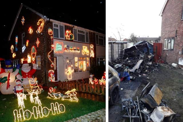 Left: The beautiful display taken a few years ago. Right: The aftermath of the suspected arson attack.