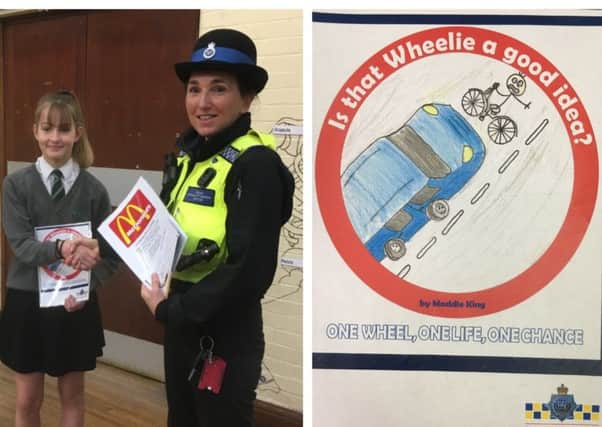 Winner: Maddie King with PCSO Rachel Carne. Right: the poster.