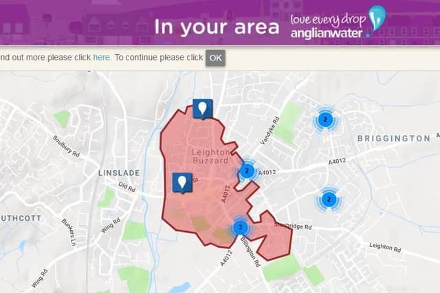A screenshot the Anglian Water website (taken yesterday morning) which shows the affected area.