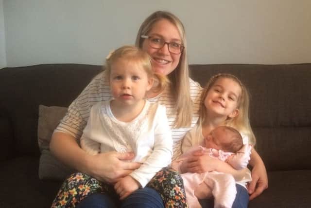 Nicola with her daughters, Freya, four, Ella, 18 months, and newborn baby Ariya