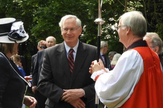 HRH, The Duke of Gloucester with Helen Nellis, Lord Lieutenant of Bedfordshire and Bishop Richard, Bishop of Bedford, at St Marys, Eaton Bray, on May 15 2019. Credit: Eileen Bennett.