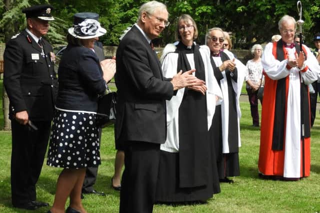 HRH, The Duke of Gloucester planting a whitebeam tree at St Marys, Eaton Bray, on May 15 2019. Credit:  Eileen Bennett.