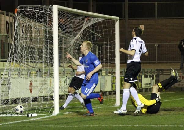 Mark Cullen scores for Stockport against Dartford - pic: Mike Petch Mike Petch MPhotographic