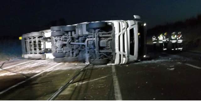 Overturned lorry on the A4146. Photo by Bucks and MK Fire, @Bucksfire