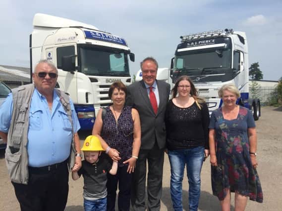 Richard Howitt MEP with Steve Pierce and three generations of his family at his Leighton Buzzard-based transport haulage company