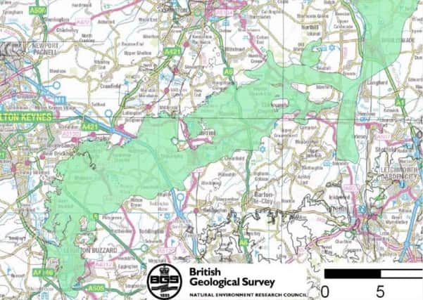 Frac sand map identifies Woburn Sand Formation which stretches from Leighton Buzzard to Cambridge