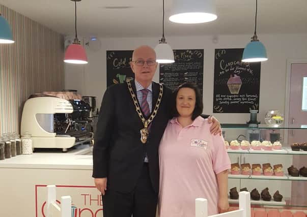 Chrissy Dobbs with mayor Stephen Cotter at the opening of Leighton's Cupcake Cafe