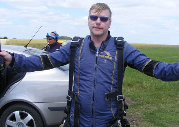 Tony after he jumped out of the plane to raise money for Carers in Bedfordshire
